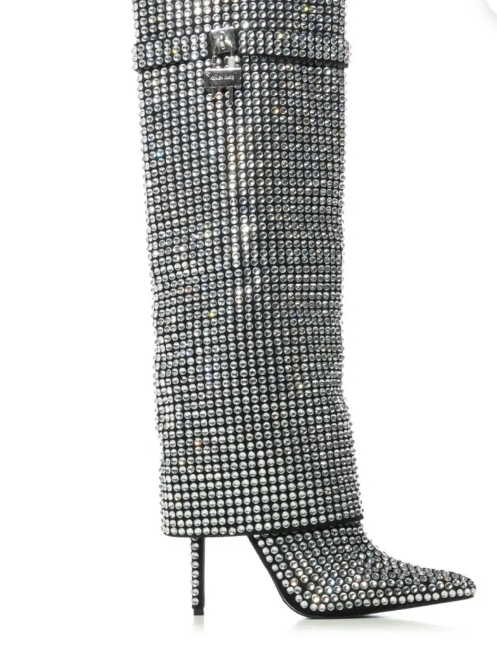 Rhinestone-Embellished Black Over-the-Knee Stiletto Boots